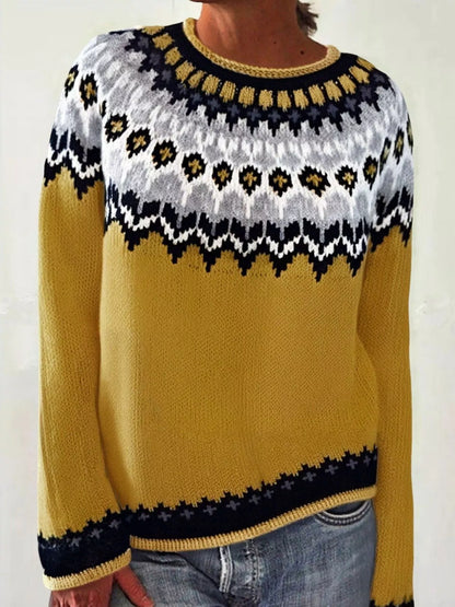 Full Size Vintage Patterned Round Neck Sweater Plus Size - Tigbul's Variety Fashion Shop