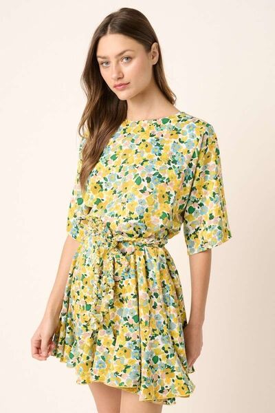 Yellow Combo Floral Tie Waist Half Sleeve Mini Dress - Tigbul's Variety Fashion Shop