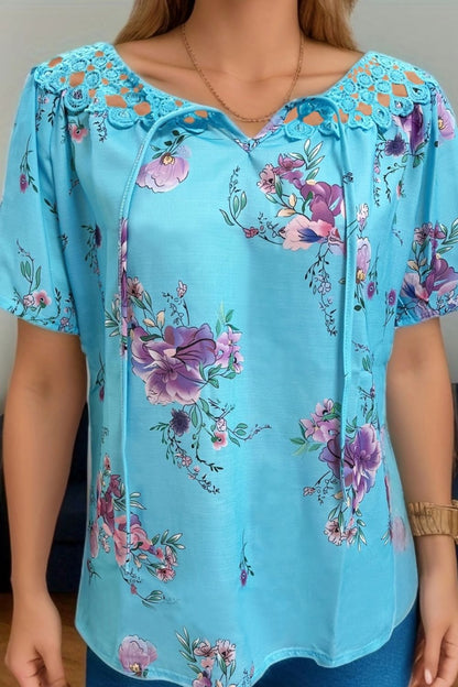 Full Size Printed Tie Neck Short Sleeve Blouse - Tigbul's Variety Fashion Shop