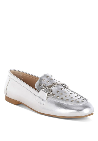 Estafa Horsebit & Studs Metallic Pleather Loafers - Tigbul's Variety Fashion Shop