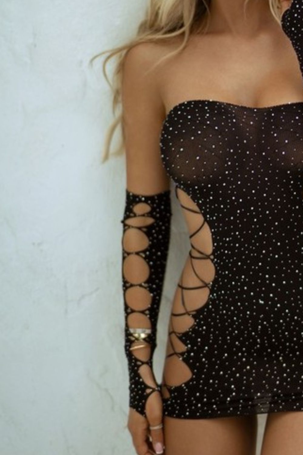 Adult Black Rhinestone Lace Up Body Stocking with Gloves - Tigbul's Variety Fashion Shop
