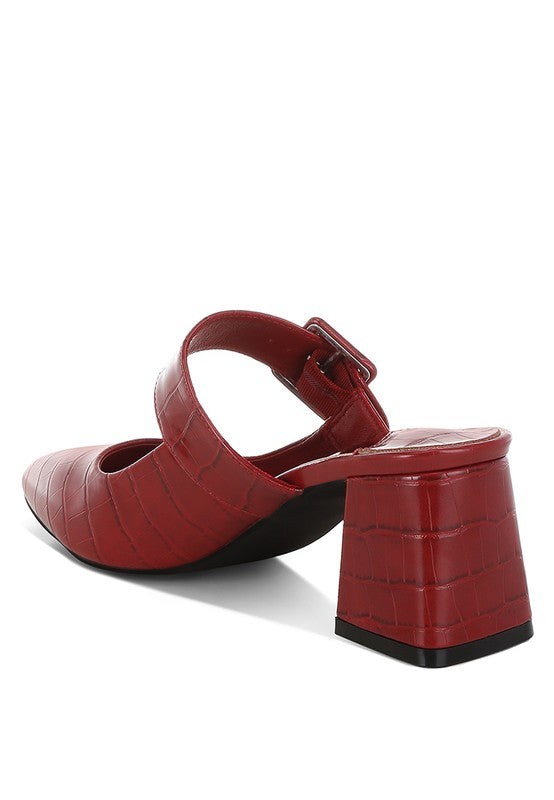 Dk Red mule with buckle sling strap and croc-patterned upper, side view