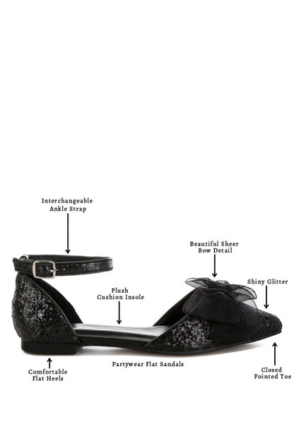 Clarice Sheer Bow Detail Glitter Flat Sandals - Tigbul's Variety Fashion Shop