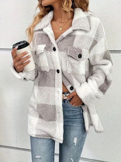 Plaid Dropped Shoulder Long Sleeve Plush Coat - Tigbul's Variety Fashion Shop