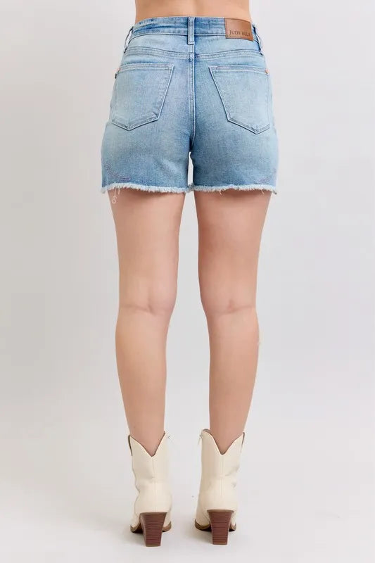 Judy Blue High Waist Western Embroidery Detail Cut Off Denim Shorts - Tigbul's Variety Fashion Shop