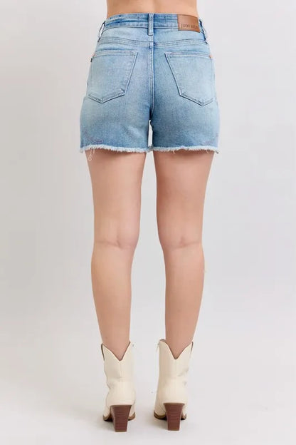 Judy Blue High Waist Western Embroidery Detail Cut Off Denim Shorts - Tigbul's Variety Fashion Shop