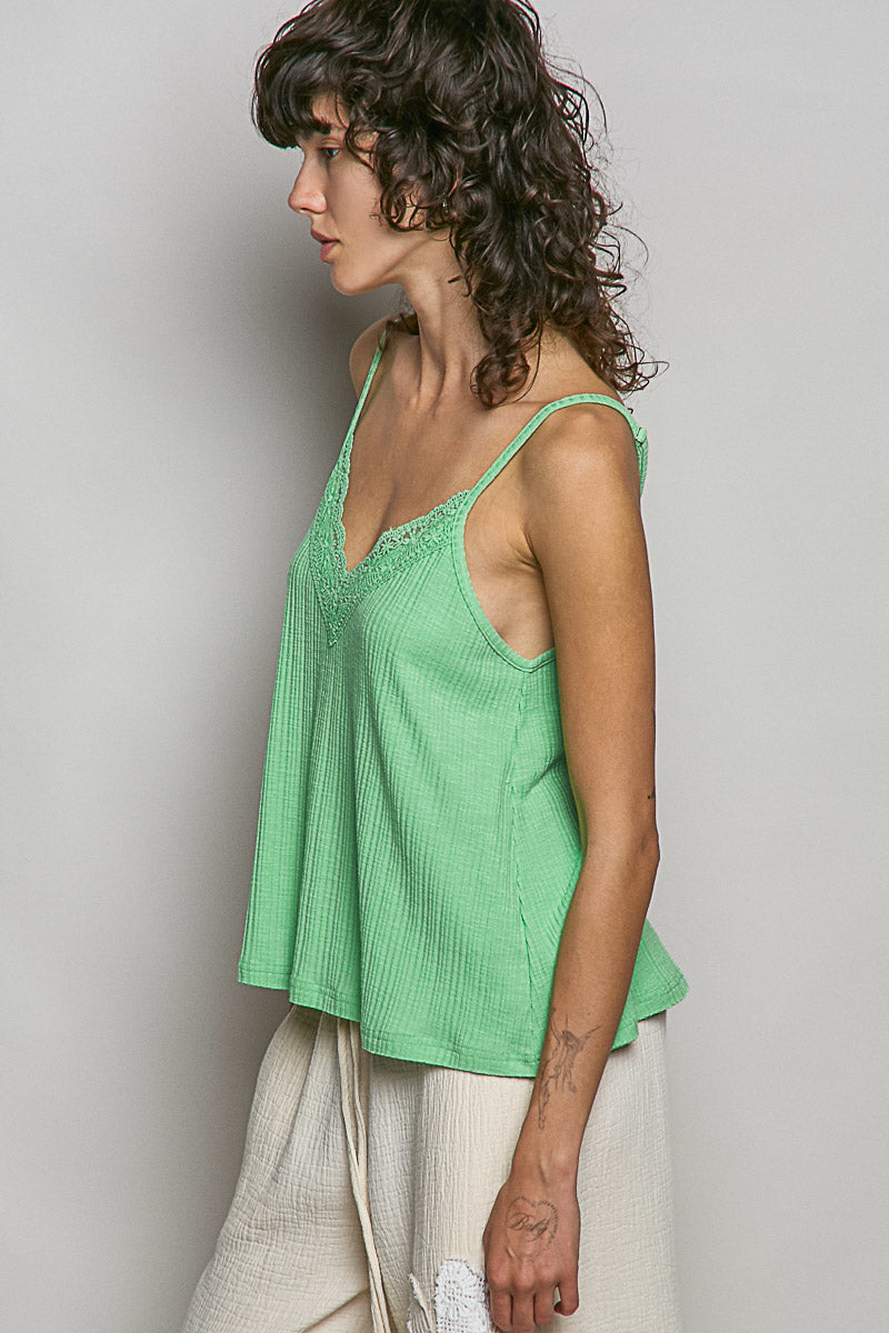 Side view of Kelly green textured knit cami with lace V-neck and wide straps