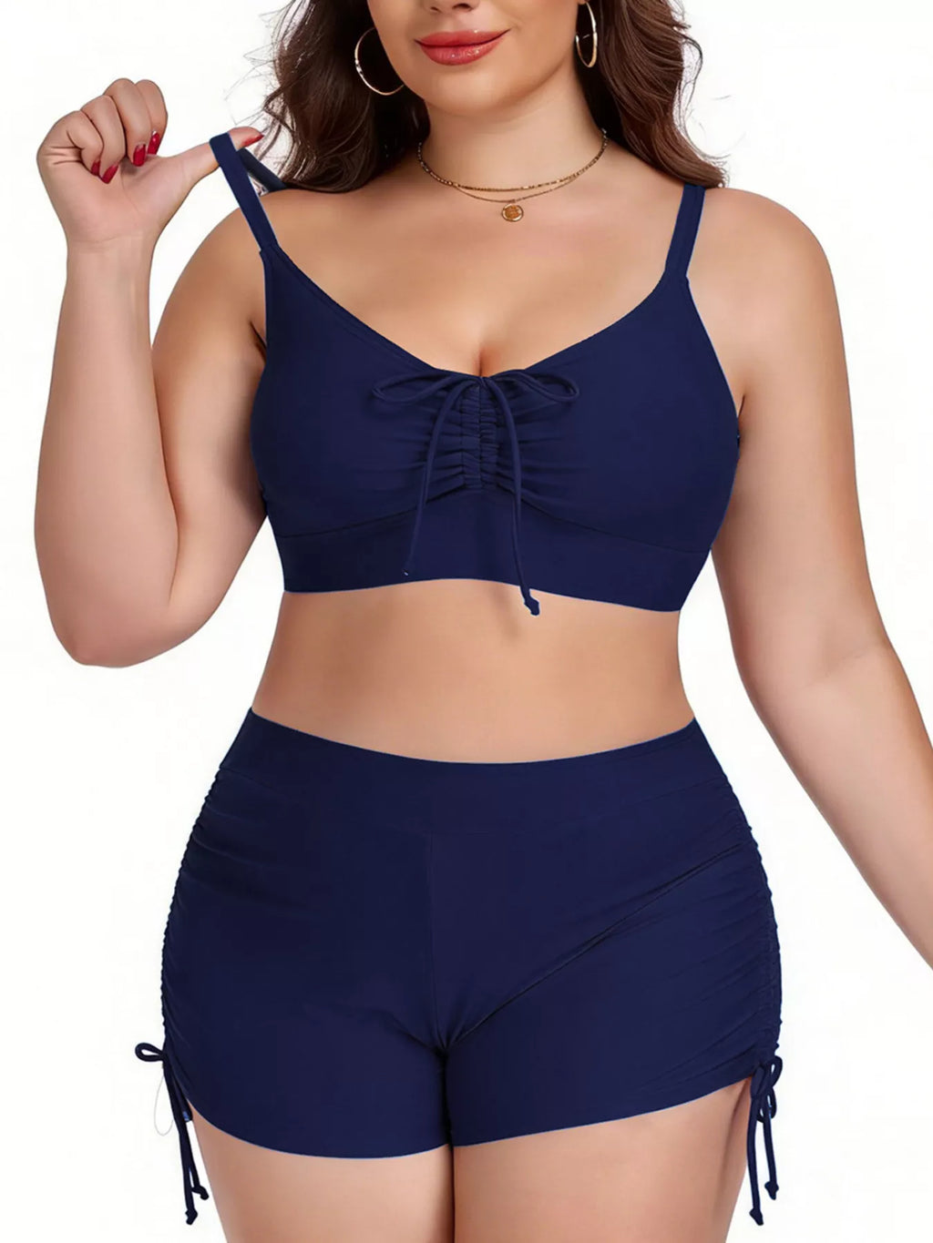 Ruched drawstring swim set, navy top knot and ruched shorts