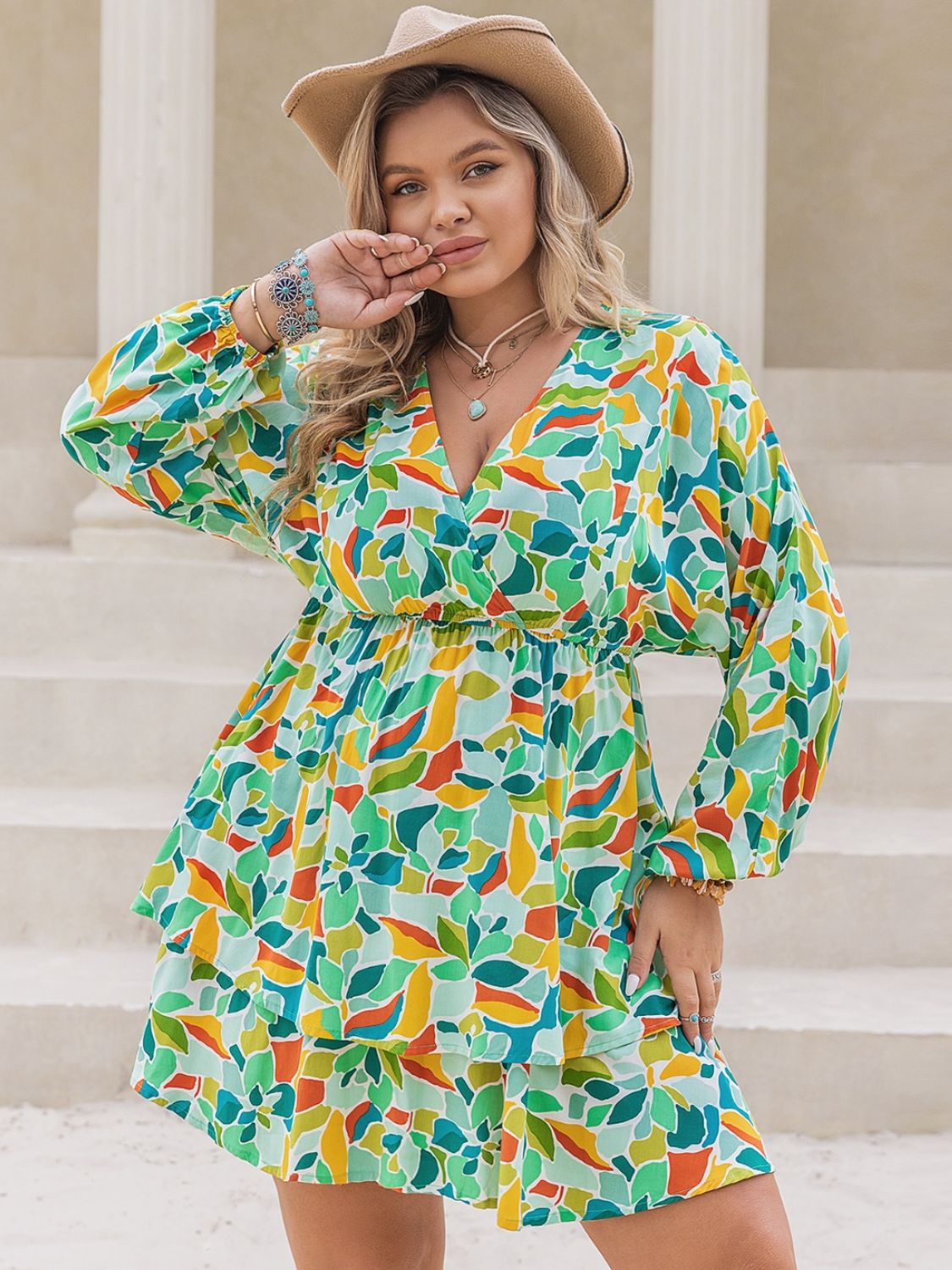 Plus Size Printed Surplice Long Sleeve Mini Dress - Tigbul's Variety Fashion Shop