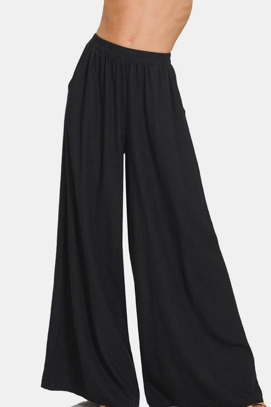 Zenana Black Pleated Linen Blend Wide Leg Pants - Tigbul's Variety Fashion Shop