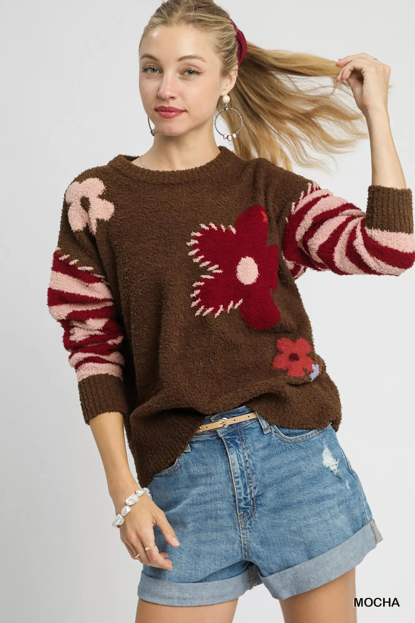 Umgee Flower Jacquard Striped Long Sleeve Sweater - Tigbul's Variety Fashion Shop