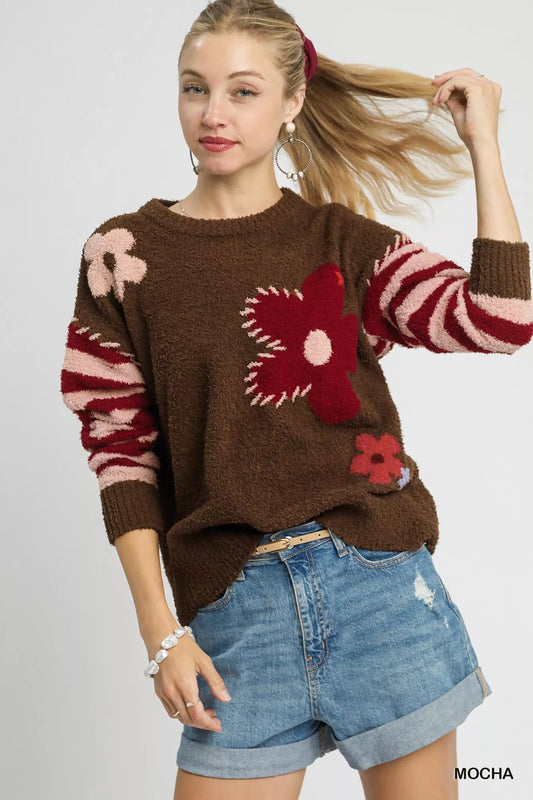 Umgee Flower Jacquard Striped Long Sleeve Sweater - Tigbul's Variety Fashion Shop