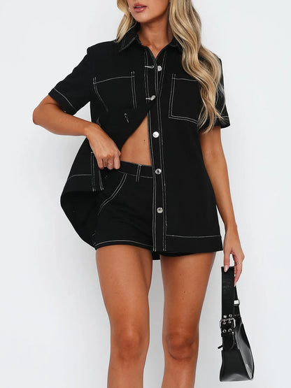Button Up Short Sleeve Top and Shorts Denim Set - Tigbul's Variety Fashion Shop