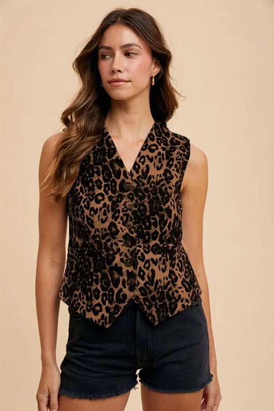 Brown Stretch Leopard Denim Button Down Vest - Tigbul's Variety Fashion Shop