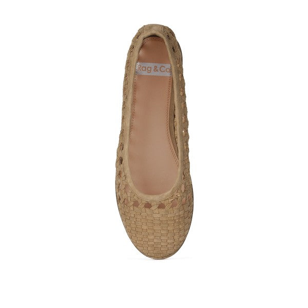 Miyako suede ballerina flats in tan with woven-look front and round toe