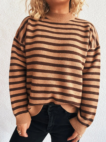 Striped Mock Neck Long Sleeve Sweater - Tigbul's Variety Fashion Shop
