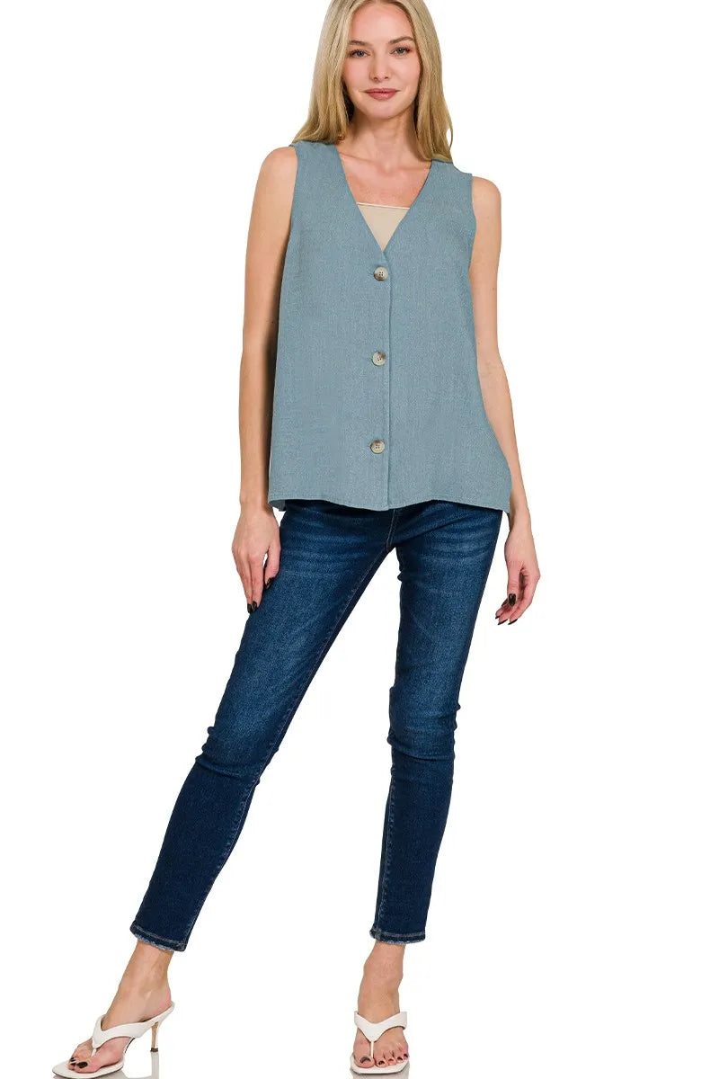 Zenana Side Slit Button-Front Vest - Tigbul's Variety Fashion Shop
