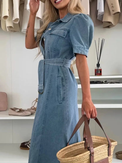 Puff Sleeve Button Down Belted Denim Midi Dress - Tigbul's Variety Fashion Shop