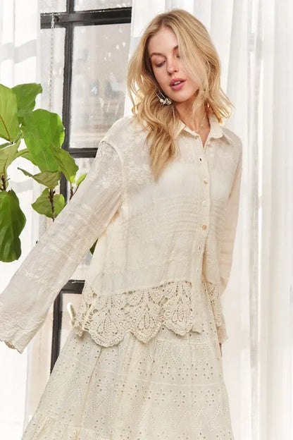 Beige Crochet Lace Long Sleeves Button Down Shirt - Tigbul's Variety Fashion Shop
