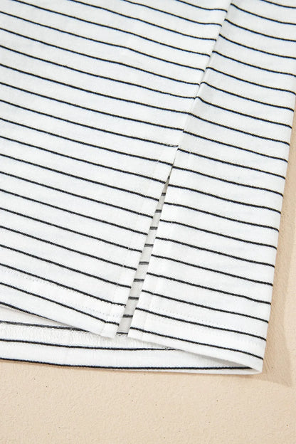 Stripe Cap Sleeve Crew Neck Casual Tee with Chest Pocket - Tigbul's Variety Fashion Shop