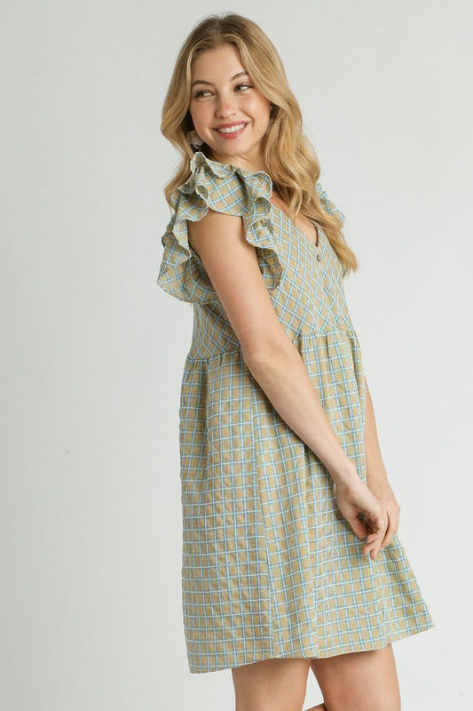 Umgee Full Size Plaid V-Neck Ruffle Cap Sleeve Dress Plus Size - Tigbul's Variety Fashion Shop