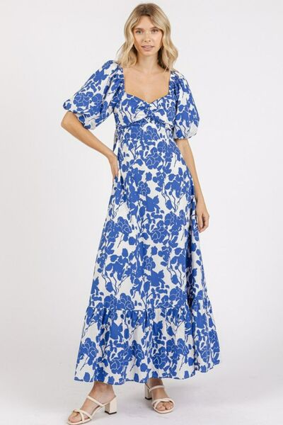 Royal Blue Cutout Back Floral Sweetheart Neck Puff Sleeve Dress - Tigbul's Variety Fashion Shop