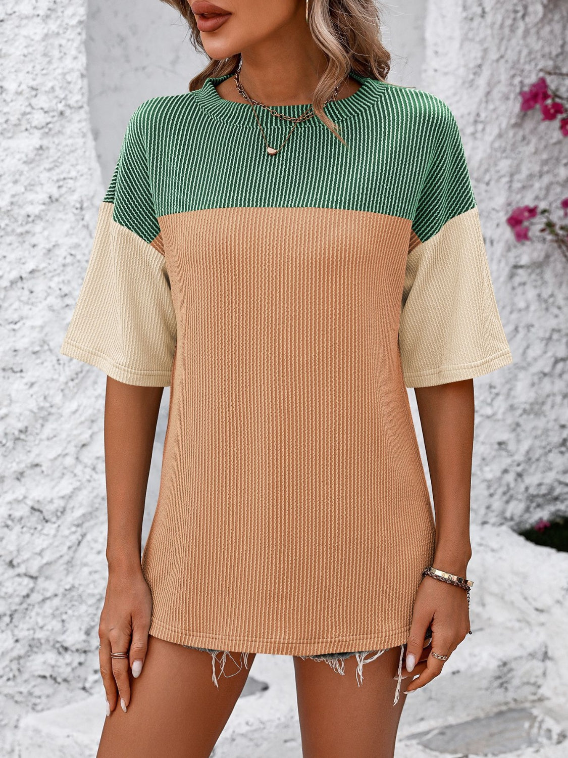 Color Block Round Neck Half Sleeve T-Shirt - Tigbuls Variety Fashion