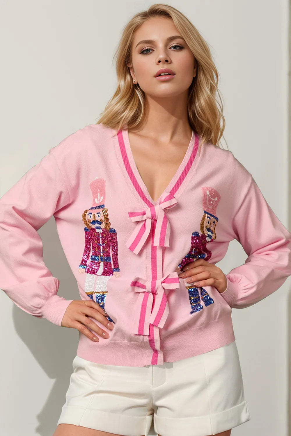 Nutcracker Sequin Bow Decor Cardigan Shirt | Tigbuls Variety Fashion
