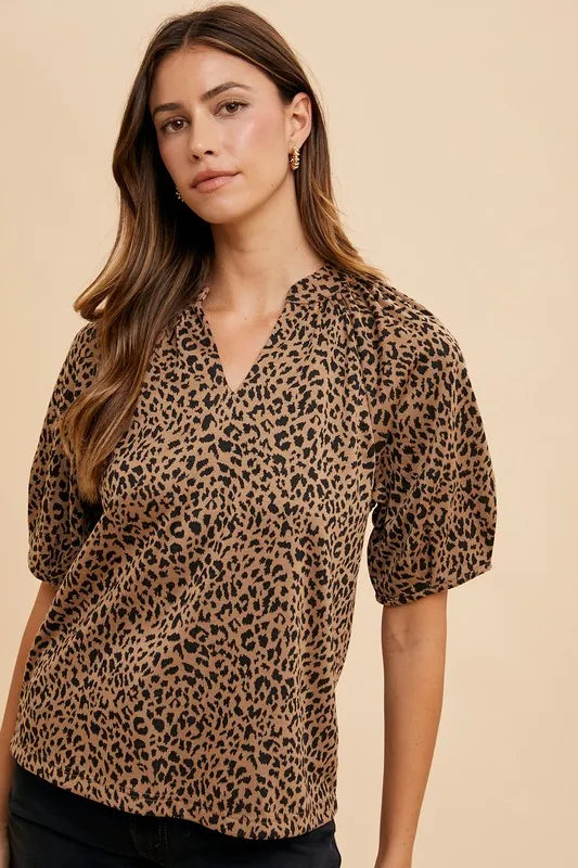 Animal Print Knit Volume Sleeve Blouse - Tigbul's Variety Fashion Shop