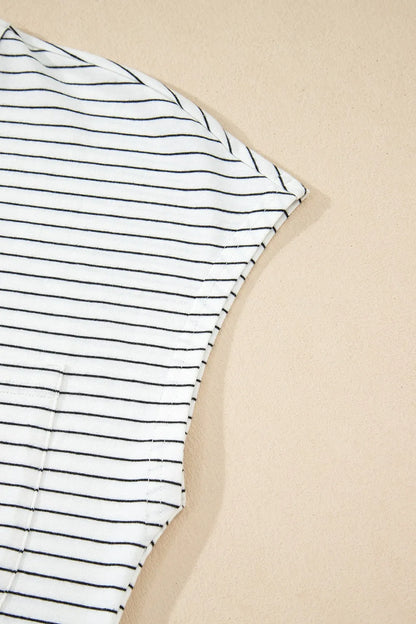 Stripe Cap Sleeve Crew Neck Casual Tee with Chest Pocket - Tigbul's Variety Fashion Shop