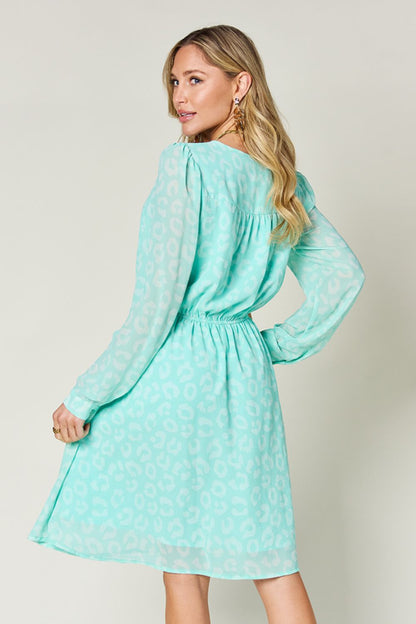 Double Take Full Size Printed Ruched V-Neck Long Sleeve Dress - Tigbul's Variety Fashion Shop