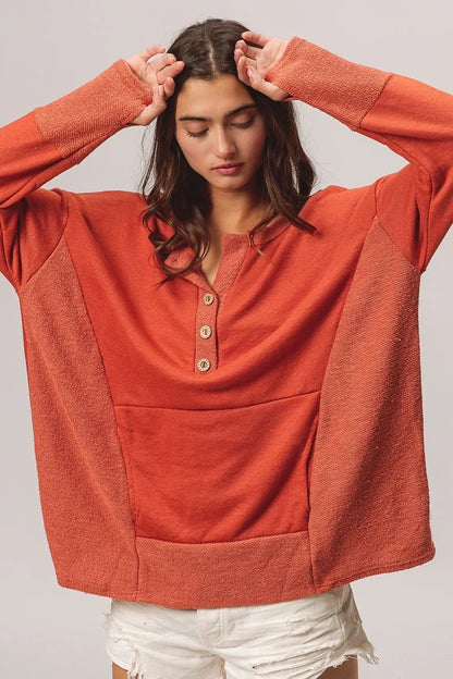 BiBi French Terry Knit Side Block Buttoned Henley Top - Tigbul's Variety Fashion Shop