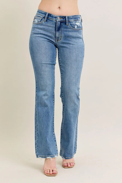 Judy Blue Full Size Mid Rise Wash Destroy Hem Bootcut Jeans Plus Size - Tigbul's Variety Fashion Shop