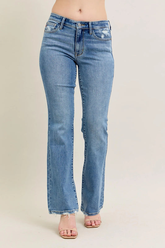 Judy Blue Full Size Mid Rise Wash Destroy Hem Bootcut Jeans Plus Size - Tigbul's Variety Fashion Shop