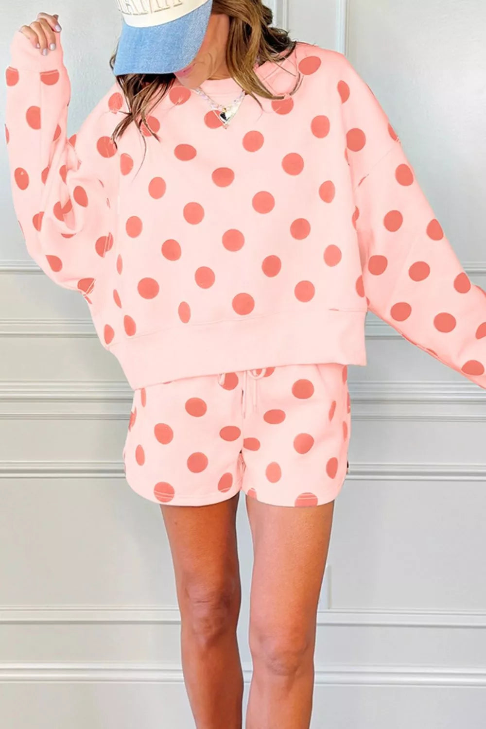 Polka Dot Print Drop Shoulder Pullover Drawstring Shorts Set - Tigbul's Variety Fashion Shop
