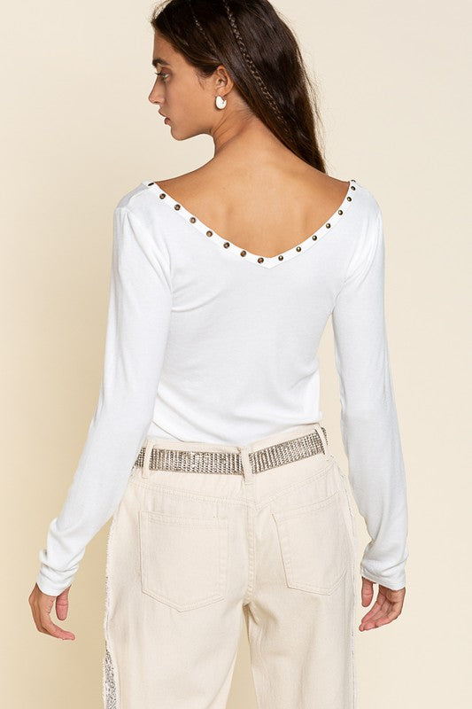 Studded Ribbed V-Neck Top - Tigbul's Variety Fashion Shop