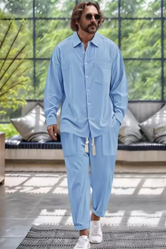 Men's Collared Neck Long Sleeve Top and Pants Set Plus Size - Tigbul's Variety Fashion Shop