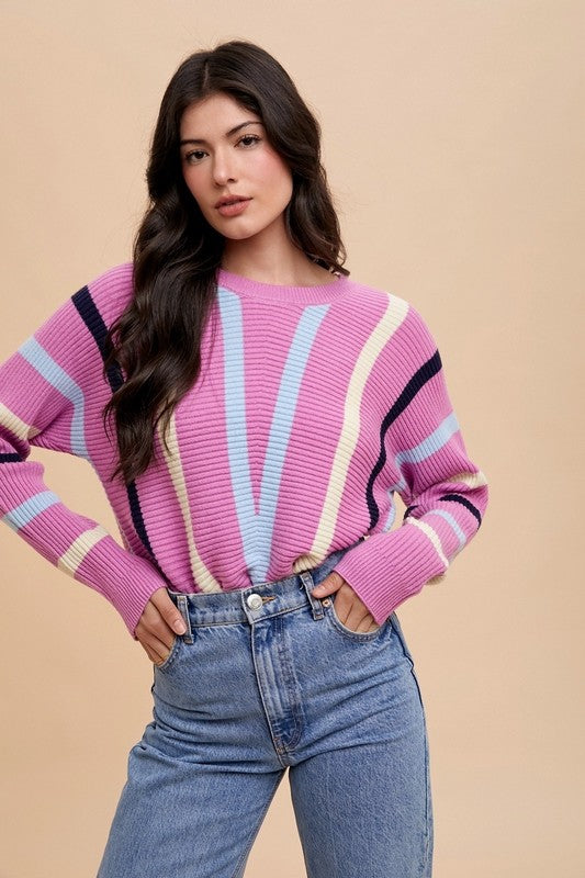 Annie Wear Chevron Stripe Round Neck Ribbed Sweater - Tigbul's Variety Fashion Shop