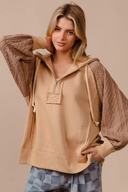 BiBi Half Zip French Terry Hoodie with Kint Sleeves - Tigbul's Variety Fashion Shop