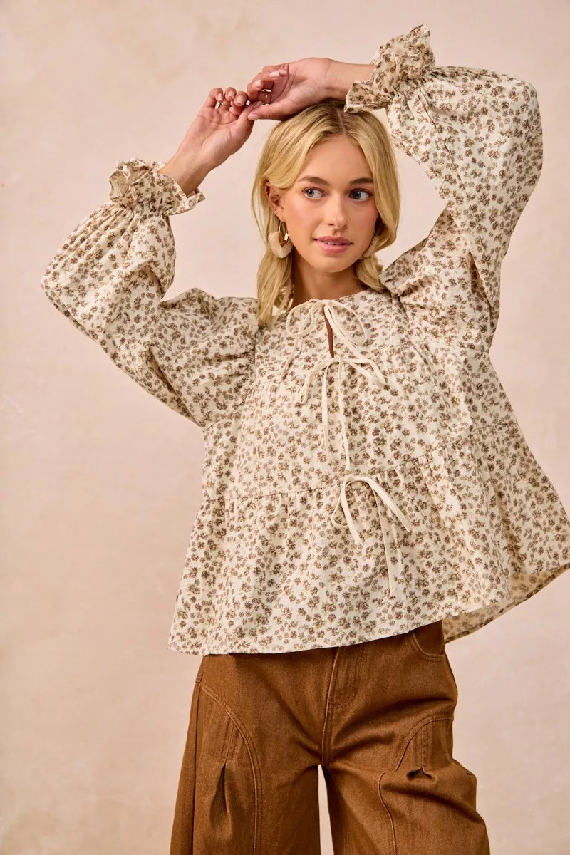 BiBi Floral Printed Peplum Blouse with Shirring and Tied - Tigbul's Variety Fashion Shop