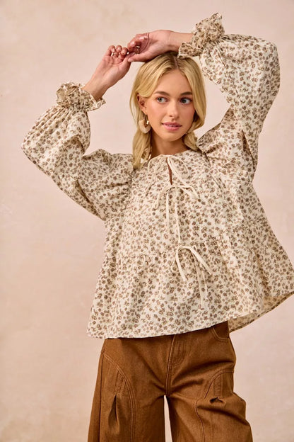 BiBi Floral Printed Peplum Blouse with Shirring and Tied - Tigbul's Variety Fashion Shop