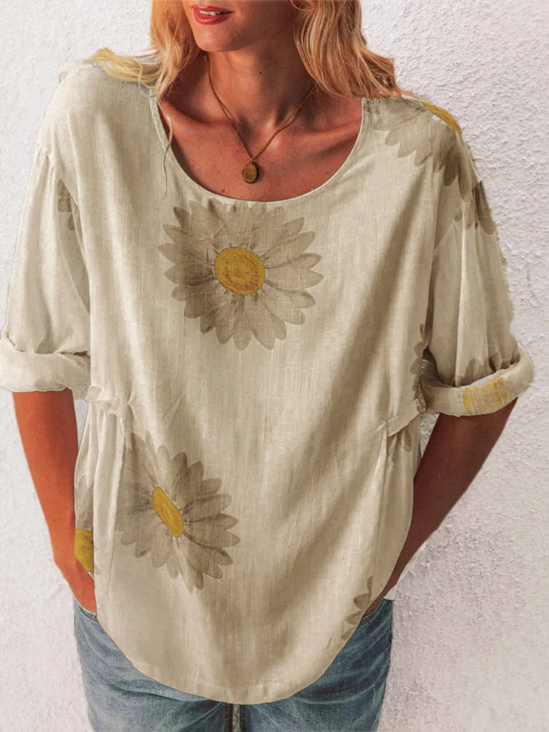 Full Size Flower Round Neck Half Sleeve T-Shirt Plus Size - Tigbul's Variety Fashion Shop