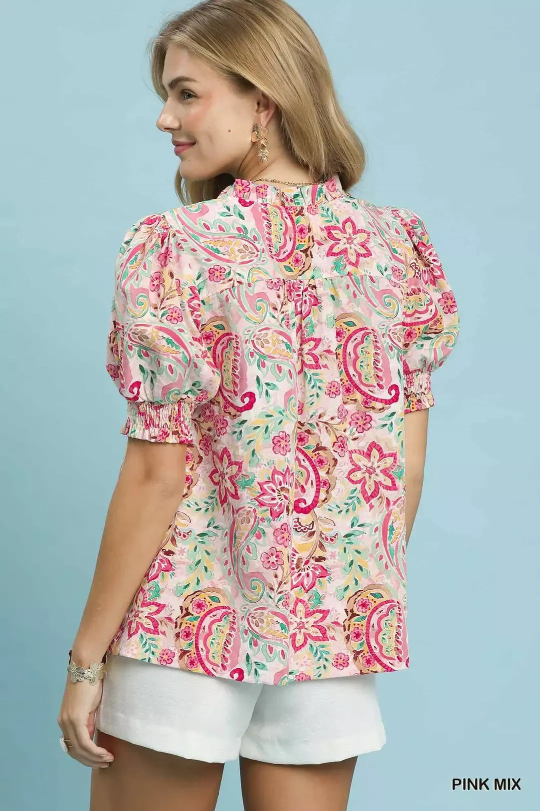 Paisley Floral Button-Down Shirt, Pink Mix, back view with gathered yoke and puff sleeves