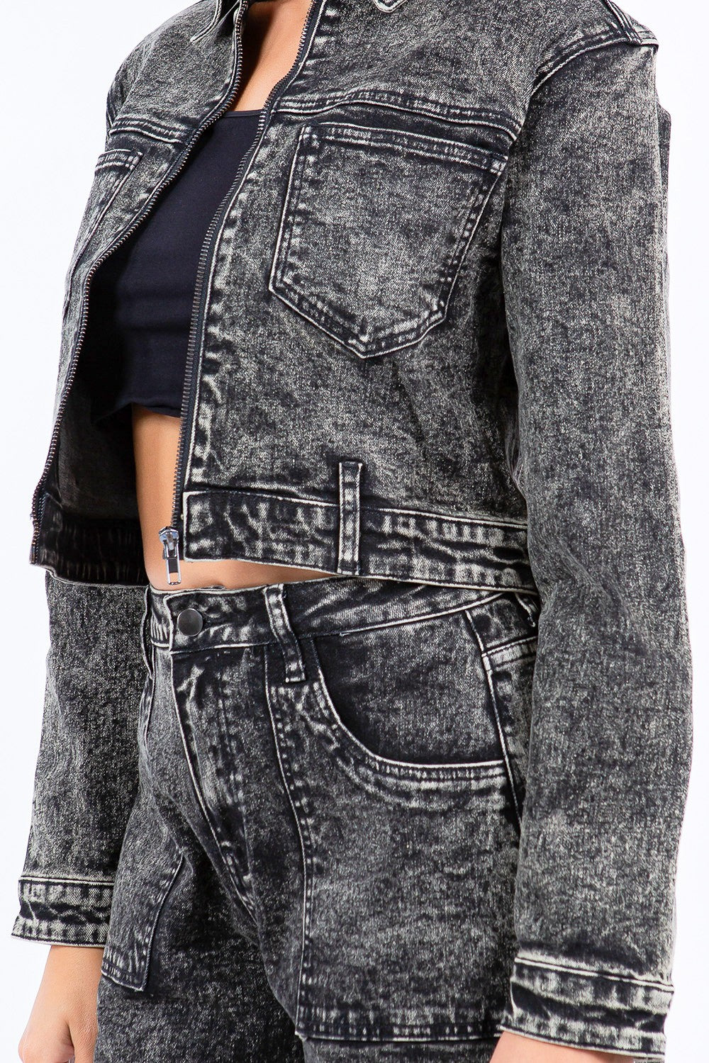 American Bazi Overdyed Bleached Zip Up Cropped Jacket - Tigbul's Variety Fashion Shop