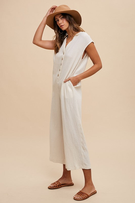 Cream Color Button Detail Wide Leg Jumpsuit with Pockets - Tigbul's Variety Fashion Shop