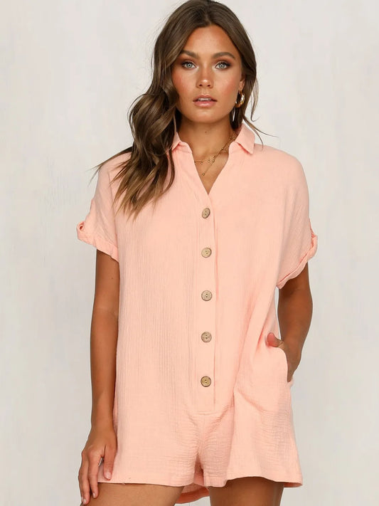Button Front Short Sleeve Romper - Tigbul's Variety Fashion Shop