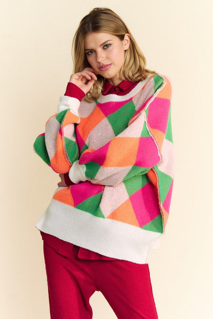 Davi & Dani Exposed Seam Color Block Dropped Shoulder Sweater - Tigbul's Variety Fashion Shop