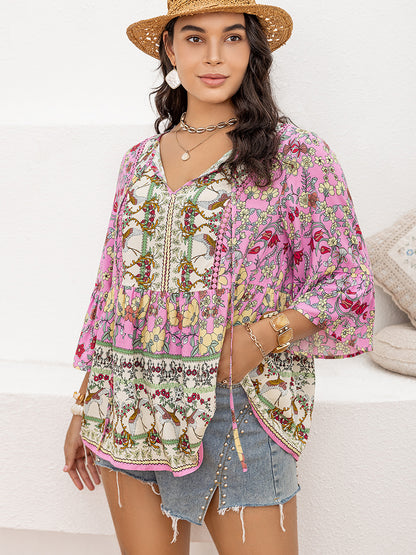 Plus Size Ruched Printed Tie Neck Three-Quarter Sleeve Blouse - Tigbul's Variety Fashion Shop