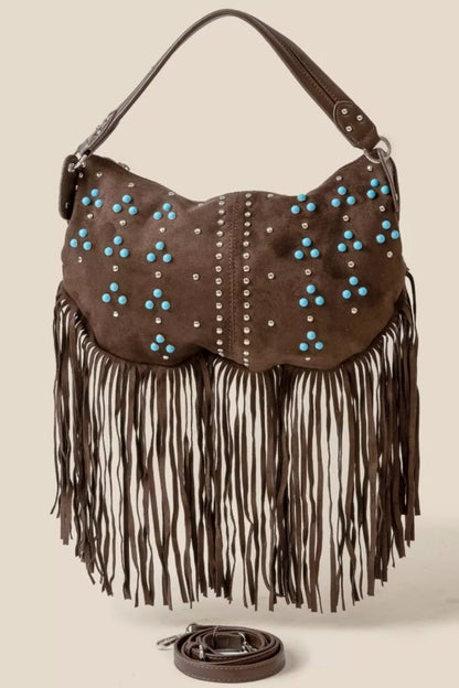 Fame Studded Pattern Multi Fringe Hobo Shoulder Bag - Tigbul's Variety Fashion Shop