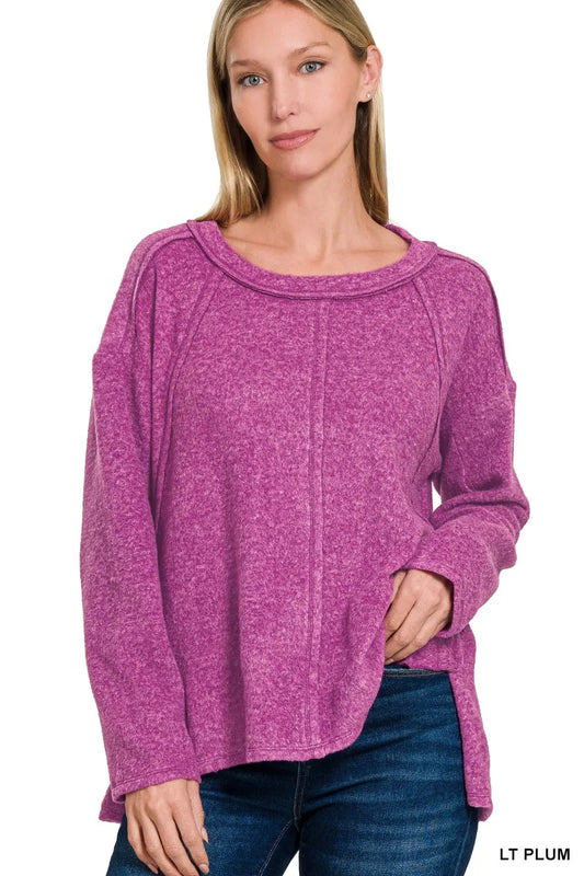 Zenana Brushed Hacci Exposed Seam Hi Low Sweater - Tigbul's Variety Fashion Shop